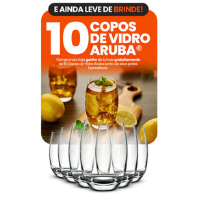 Kit com 15 Potes Herméticos de Vidro + 10 Copos de Vidro Aruba de Brinde