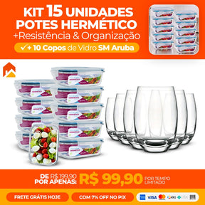 Kit com 15 Potes Herméticos de Vidro + 10 Copos de Vidro Aruba de Brinde